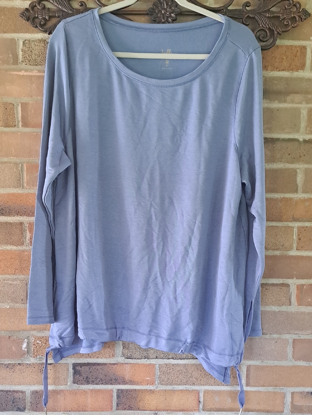 Belle by Kim Gravel Blue Long-Sleeve Crew Neck Top with Side Ties & Hi-Lo Hem,XL
